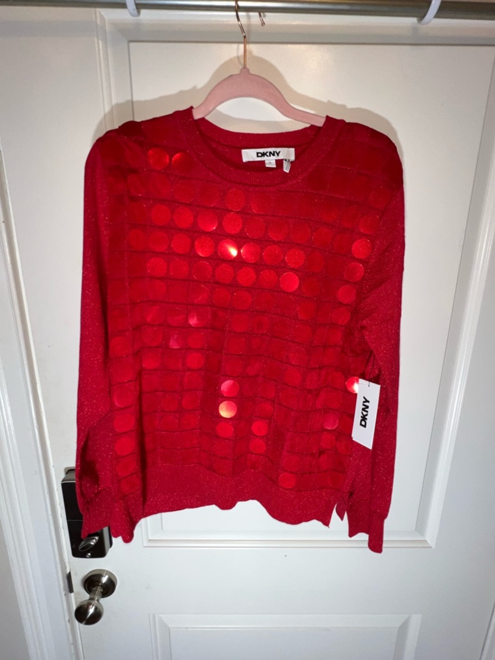 DKNY Sequin Dot Red Crewneck Sweater. NWT. Size: XL. Retail: $199.  Ask: $89.